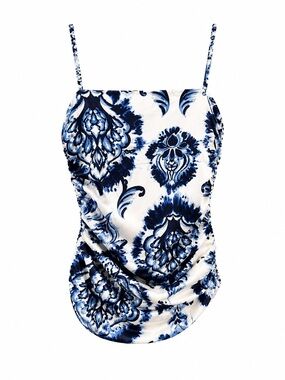 NEW ZARA WHITE AND BLUE BLACK RUNCHED SIDE TANK TOP WITH SQUARE NECKLINE